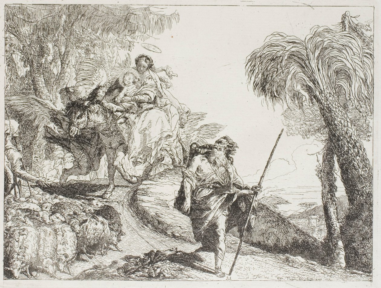 Den heliga familjen på väg nedför en skogsstig, nära en flock och några herdar, skylt 21 från The Flight into Egypt av Giovanni Domenico Tiepolo