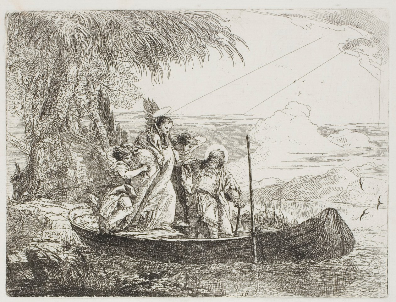 Den heliga familjen går in i båten med hjälp av änglarna, skylt sexton från The Flight into Egypt av Giovanni Domenico Tiepolo