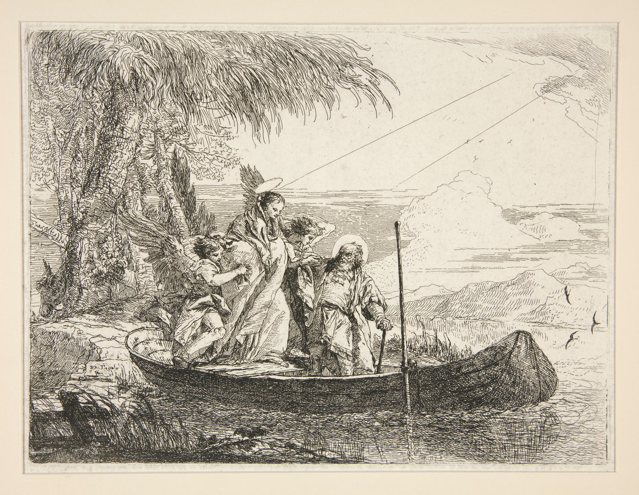The Holy Family Enters a Boat, från serien Idee pittoresche sopra la fuga in Egitto (Flight into Egypt) av Giovanni Domenico Tiepolo