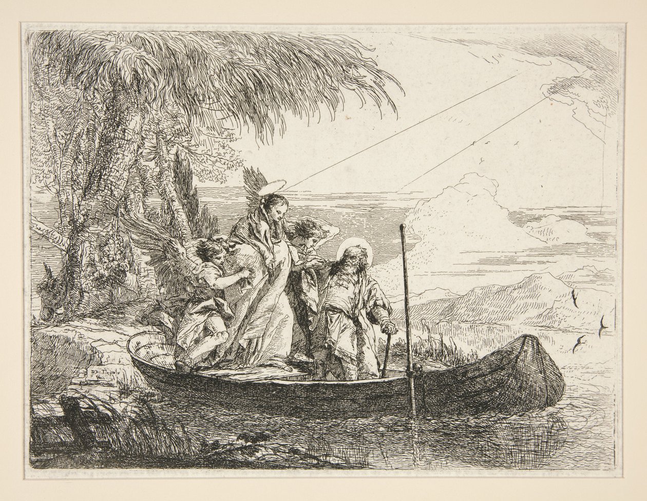 Den heliga familjen stiger ombord på en båt, ur serien ”Idee pittoresche sopra la fuga in Egitto” (Flykten till Egypten) av Giovanni Domenico Tiepolo