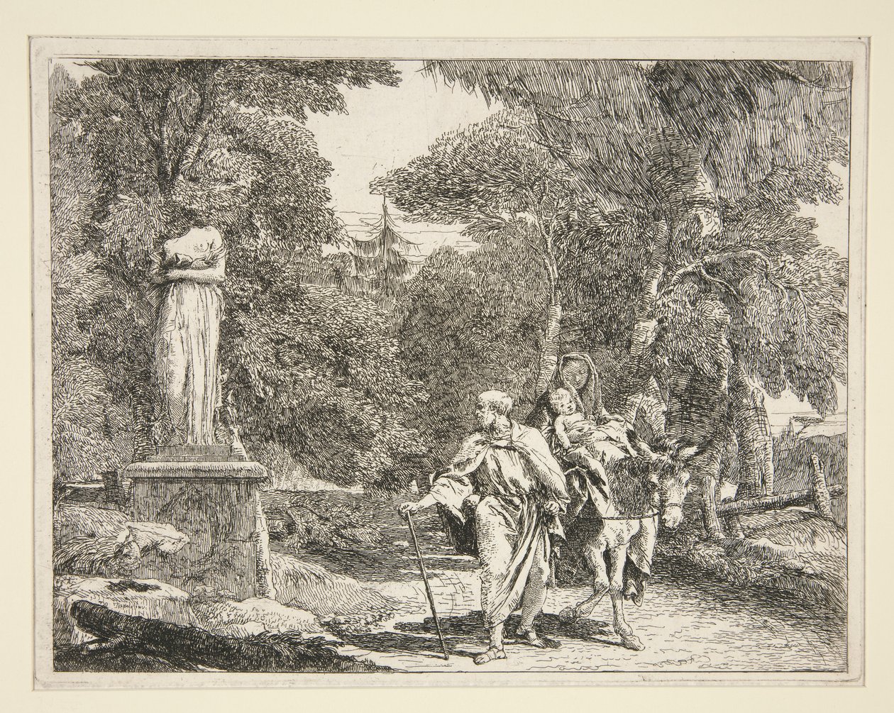 The Holy Family Passing Near a Statue, från serien Idee pittoresche sopra la fuga in Egitto (Flight into Egypt) av Giovanni Domenico Tiepolo