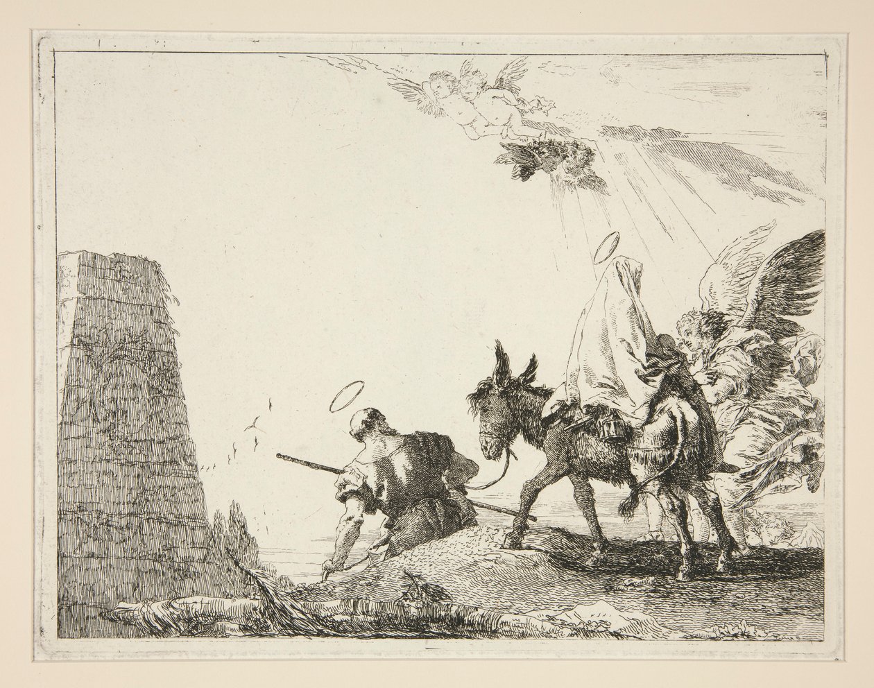 The Holy Family Passing a Pyramid, från serien Idee pittoresche sopra la fuga in Egitto (Flight into Egypt) av Giovanni Domenico Tiepolo