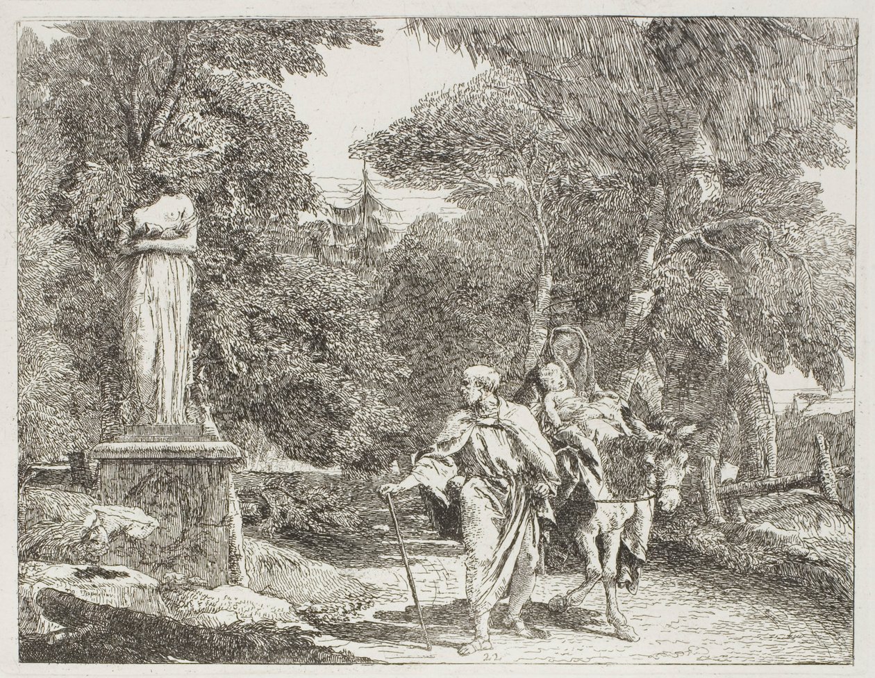 Den heliga familjen passerar en staty, vars huvud faller till marken, skylt 22 från The Flight into Egypt av Giovanni Domenico Tiepolo