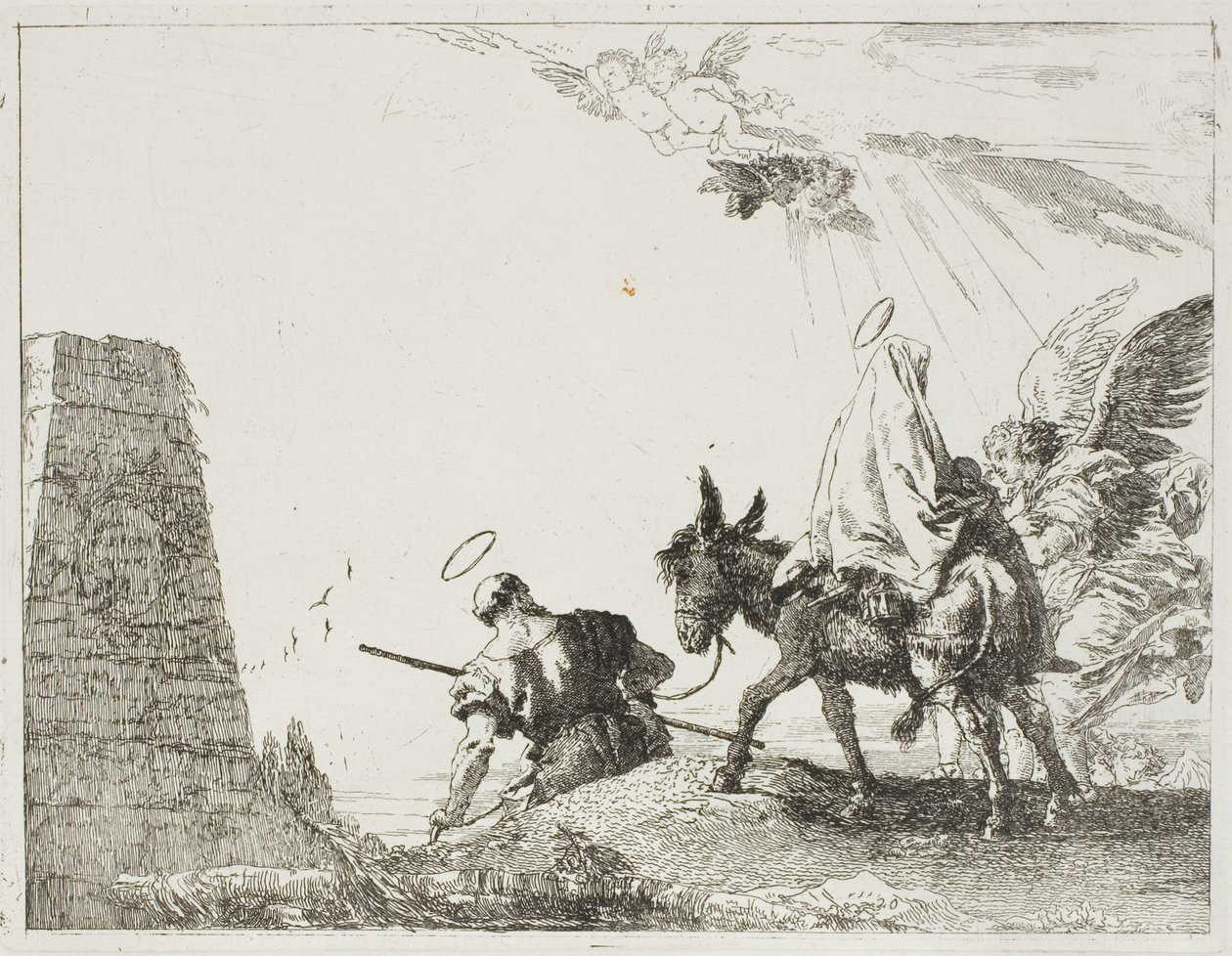 Den heliga familjen passerar en pyramid, tallrik tjugo från The Flight into Egypt av Giovanni Domenico Tiepolo