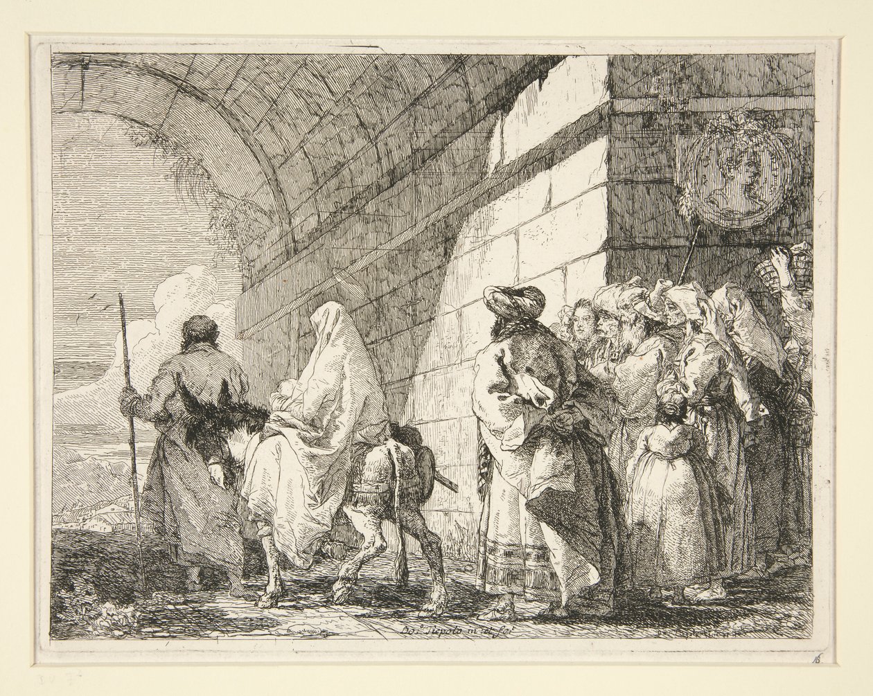 The Holy Family Passing under an Arch, Leaving by a City Gate, från serien Idee pittoresche sopra la fuga in Egitto (Flight into Egypt) av Giovanni Domenico Tiepolo
