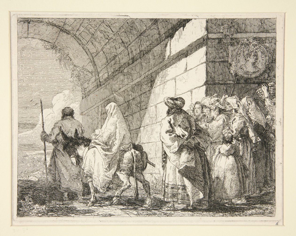 Den heliga familjen passerar under en båge och lämnar staden genom en stadsport, ur serien ”Idee pittoresche sopra la fuga in Egitto” (Flykten till Egypten) av Giovanni Domenico Tiepolo