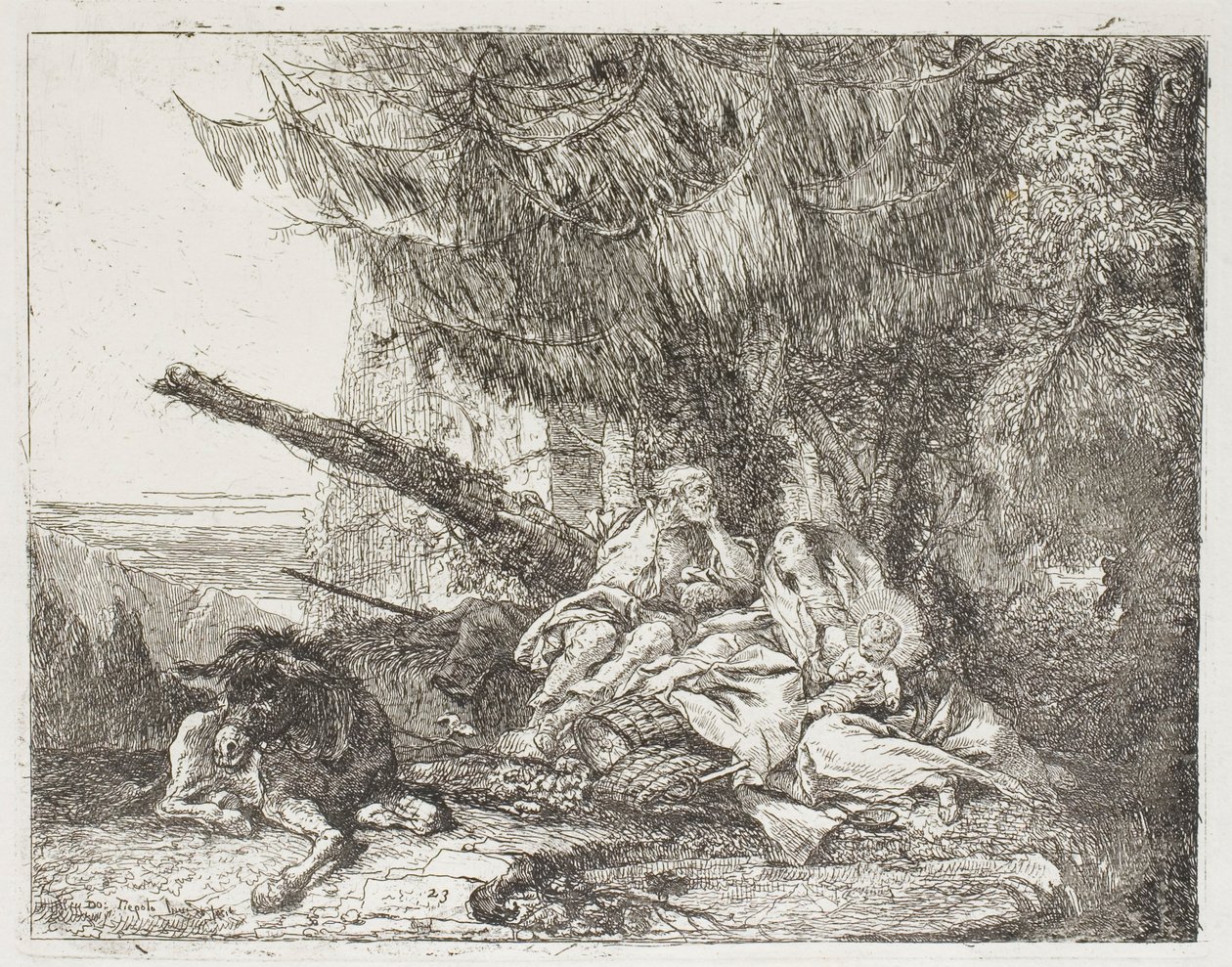 The Holy Family Resting in a Wood, skylt 23 från The Flight into Egypt av Giovanni Domenico Tiepolo
