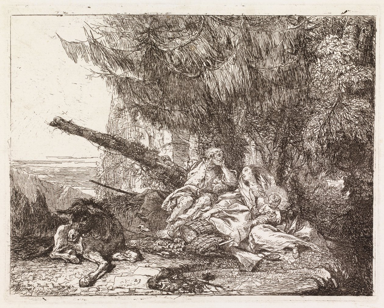 Den heliga familjen vilande under en gran (Flykten till Egypten XXIII) av Giovanni Domenico Tiepolo