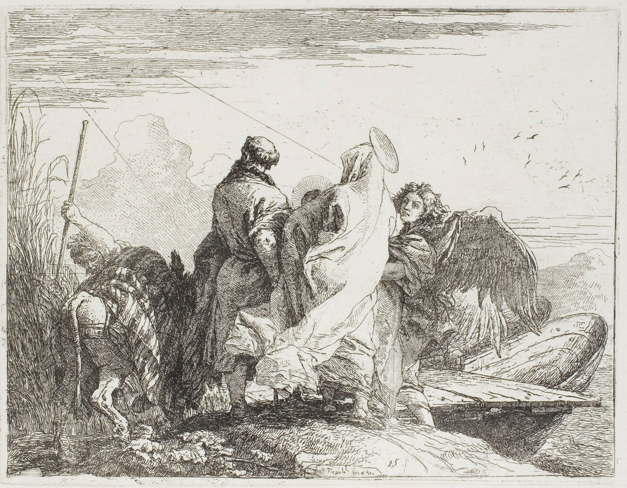 Den heliga familjen kliver av stranden, tallrik femton från The Flight into Egypt av Giovanni Domenico Tiepolo
