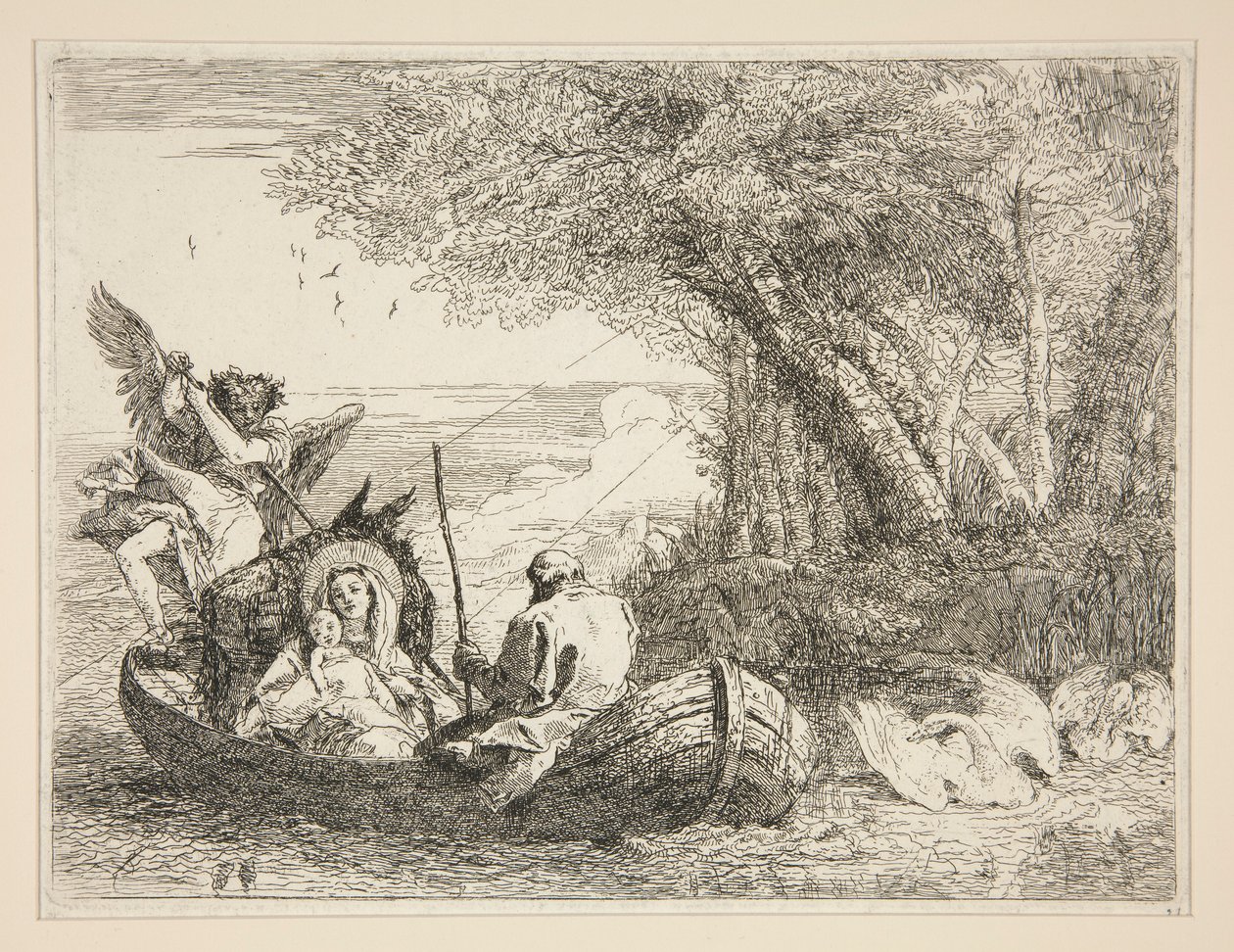 Den heliga familjen som reser med båt, från serien Idee pittoresche sopra la fuga in Egitto (Flight into Egypt) av Giovanni Domenico Tiepolo