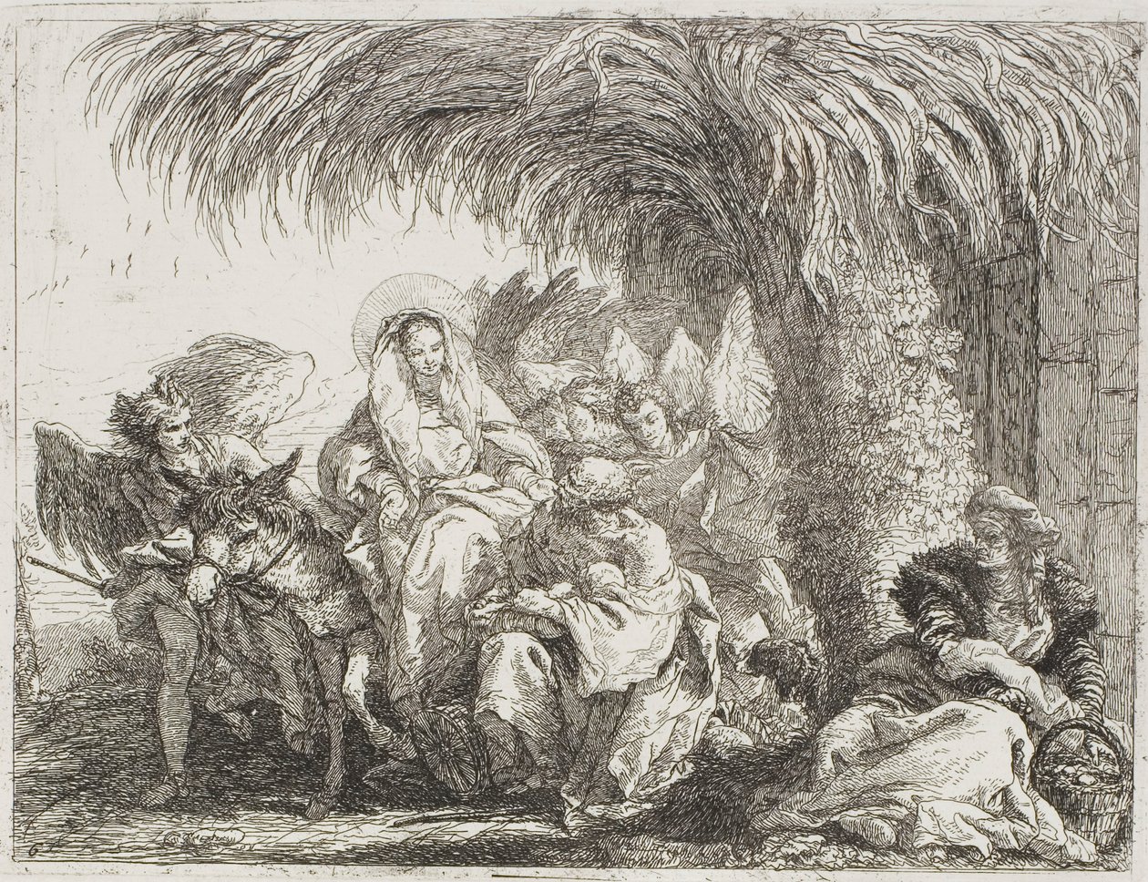 The Holy Family Under a Palm Tree, tallrik sex från The Flight into Egypt av Giovanni Domenico Tiepolo