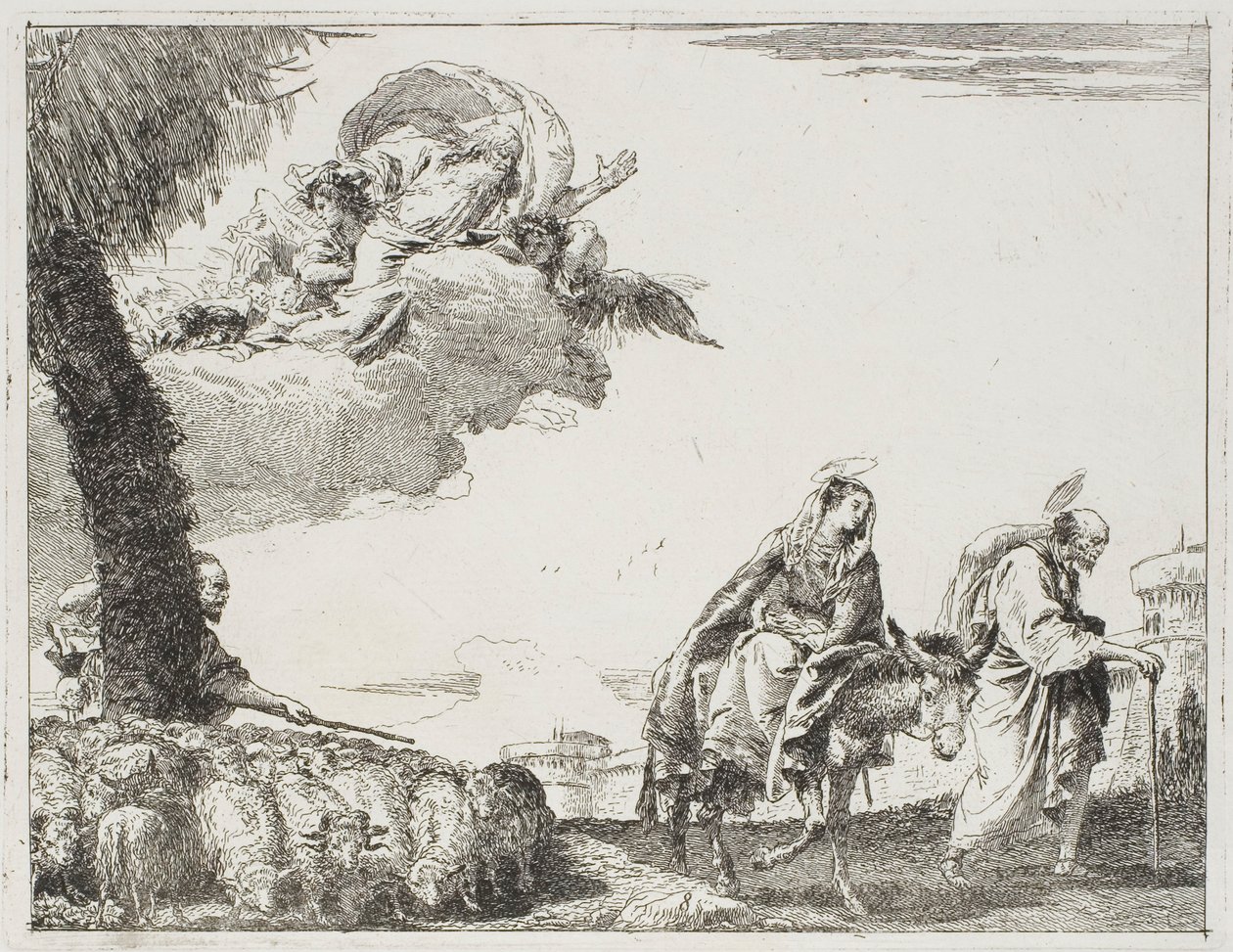Den heliga familjen går längs en stadsmur. Till vänster, en herde med sin flock och Gud Fadern, skylt åtta från Flygningen till Egypten av Giovanni Domenico Tiepolo
