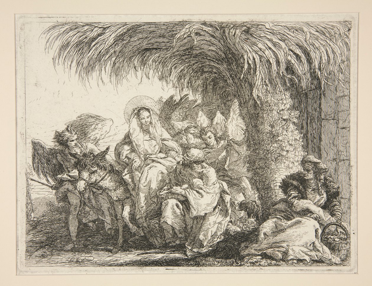 The Holy Family under a Palm Tree, från serien Idee pittoresche sopra la fuga in Egitto (Flight into Egypt) av Giovanni Domenico Tiepolo