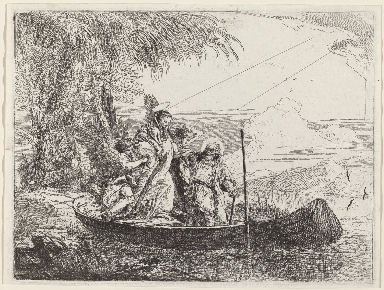 Madonnan, barnet och änglarna kommer in i båten av Giovanni Domenico Tiepolo