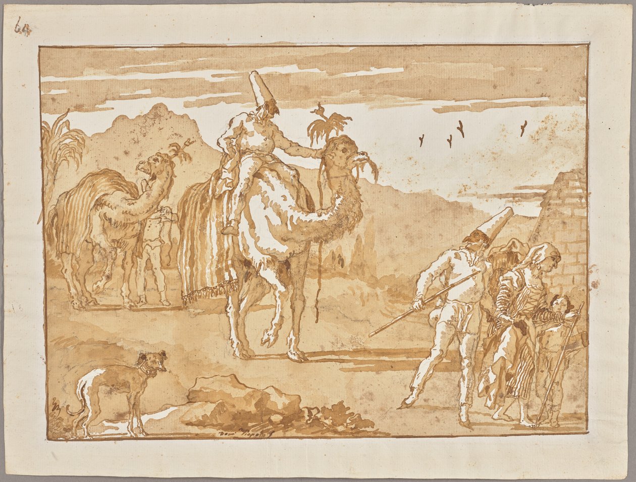Der Punchinello reitet auf einem Kamel an der Spitze einer Karawane av Giovanni Domenico Tiepolo