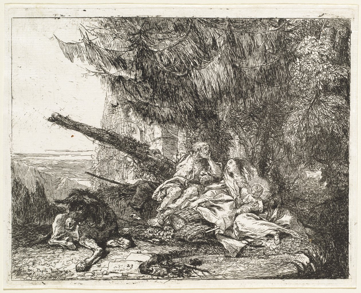 Resten på flykten, med helig familj under ett träd av Giovanni Domenico Tiepolo