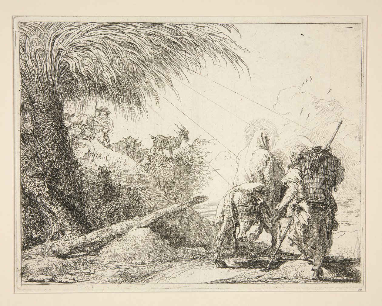 Jungfrun, monterad på åsnan och sedd bakifrån, från serien Idee pittoresche sopra la fuga in Egitto (Flight into Egypt) av Giovanni Domenico Tiepolo