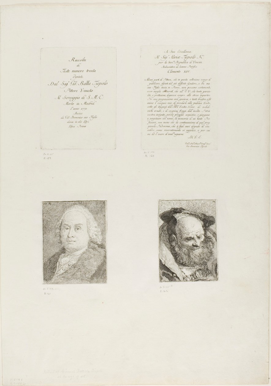 Titelsida, dedikation, porträtt av Giambattista Tiepolo, skäggig gammal man av Giovanni Domenico Tiepolo