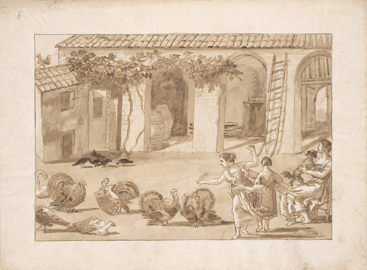 Kalkoner på en venetiansk gård, den tredje teckningen i Tiepolo av Giovanni Domenico Tiepolo