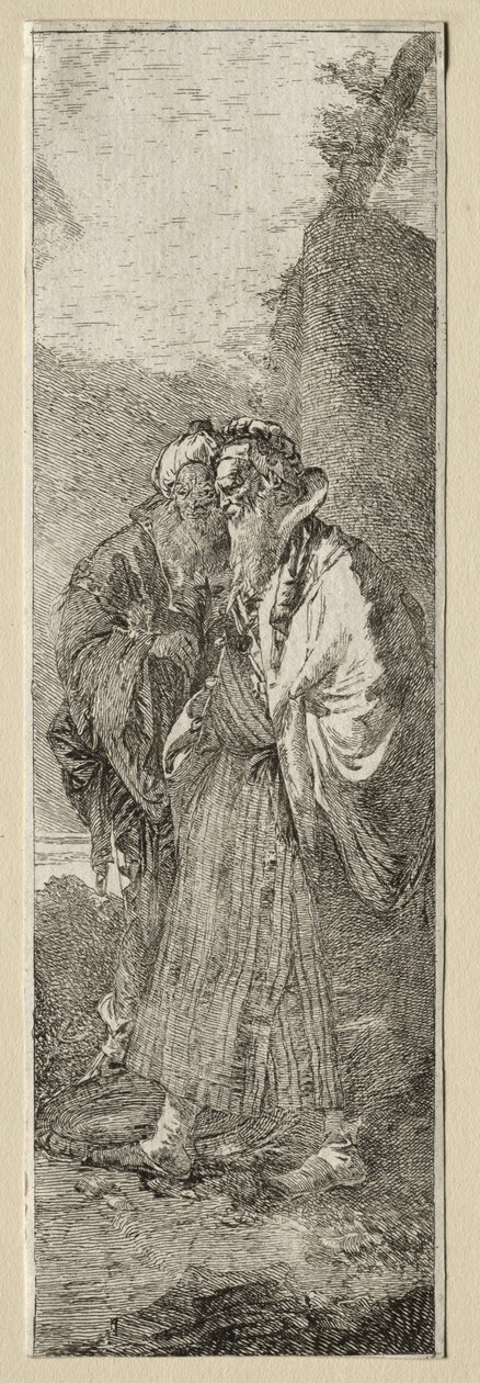 Två gamla män i ett landskap. av Giovanni Domenico Tiepolo