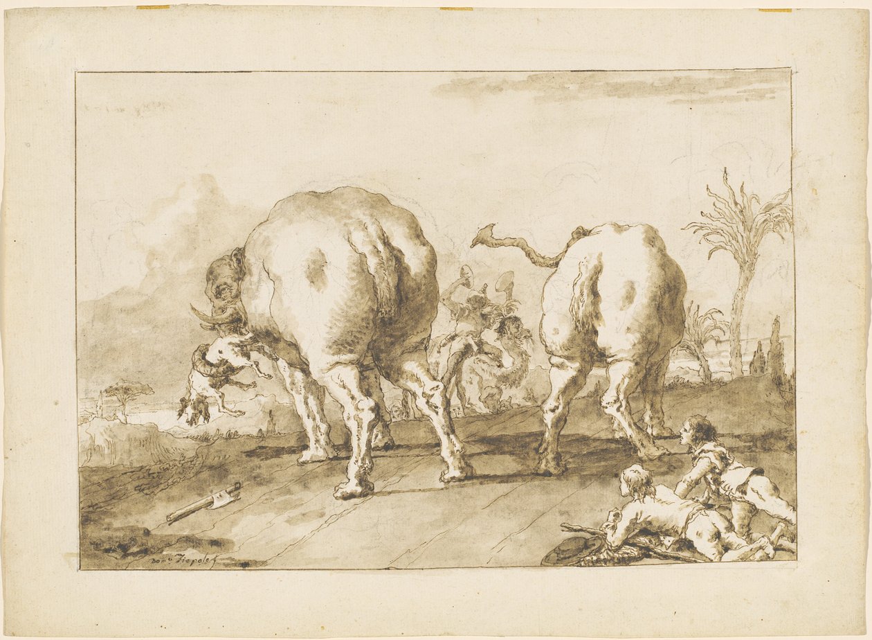 Två rasande elefanter av Giovanni Domenico Tiepolo