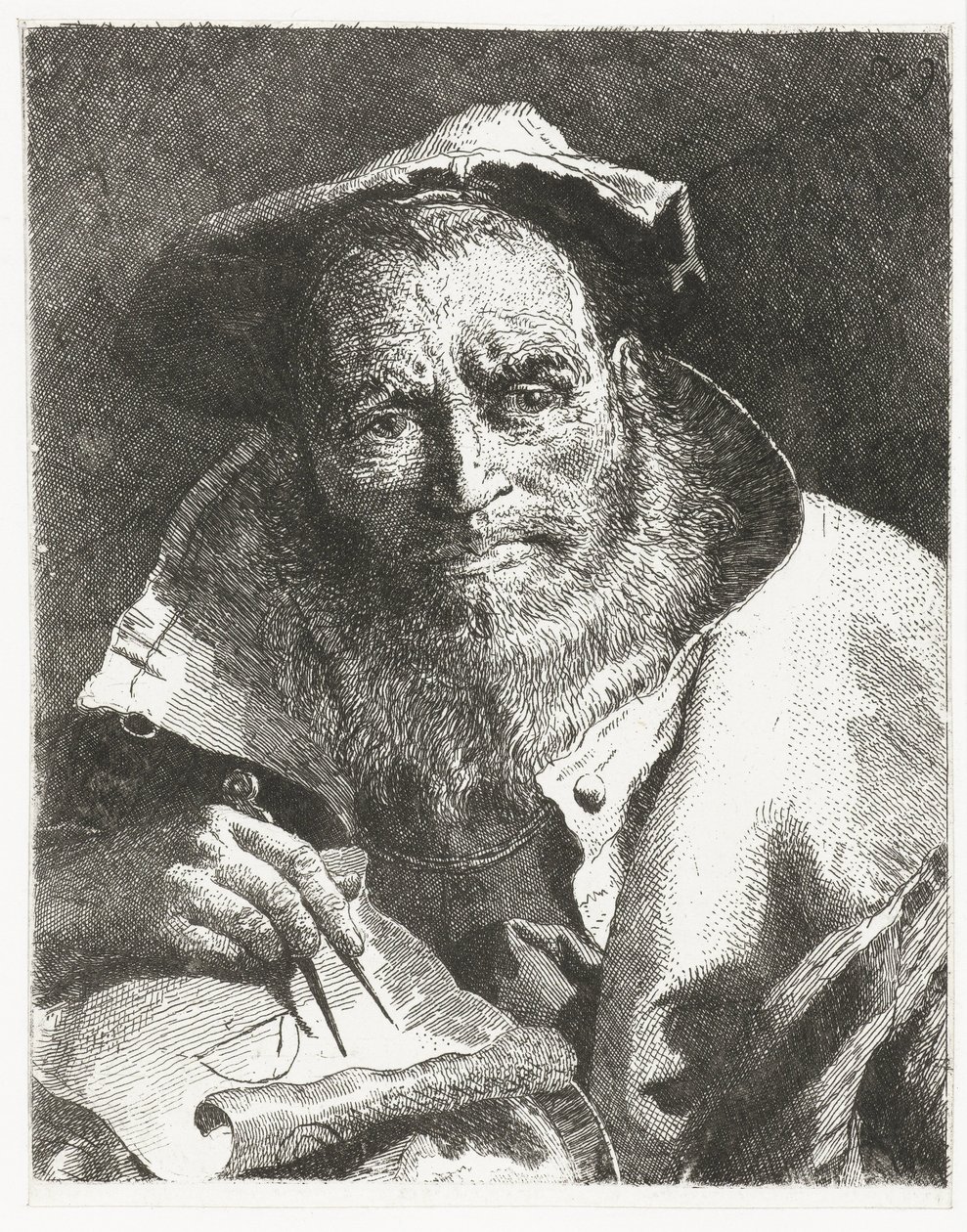 Forskare med basker på huvudet och kompass i handen Samling av huvuden (serietitel) Raccolta di Teste (serietitel) av Giovanni Domenico Tiepolo