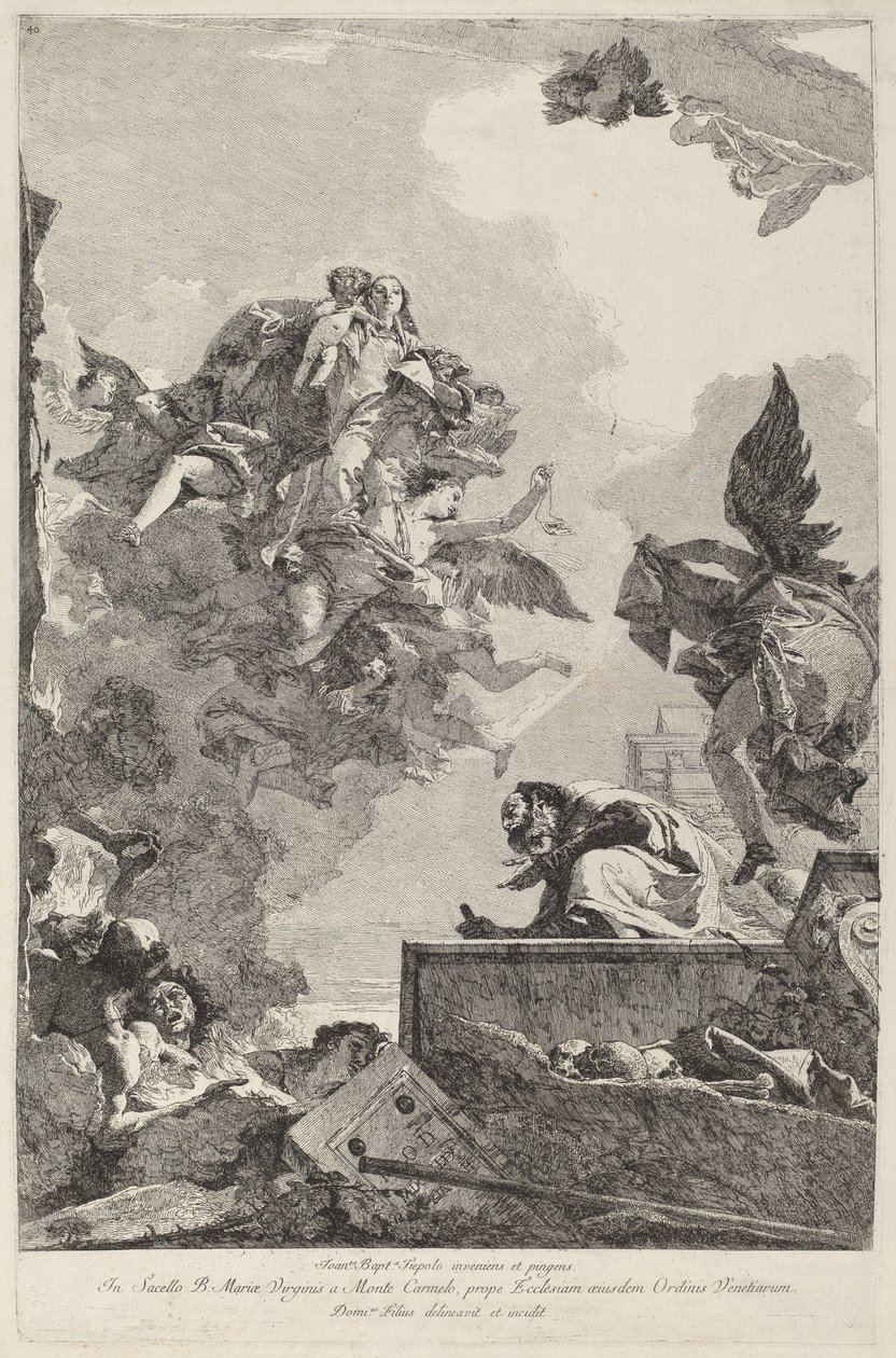 Madonnan del Carmelo dyker upp för Saint Simon Stock av Giovanni Domenico Tiepolo after Giovanni Battista Tiepolo