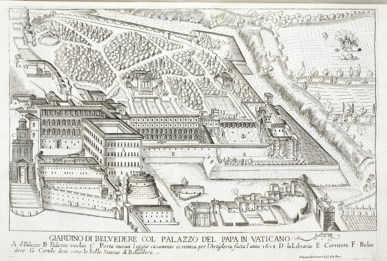 Utsikt över Belvedere-trädgårdarna i det påvliga palatset, Vatikanen av Giovanni Domenico de