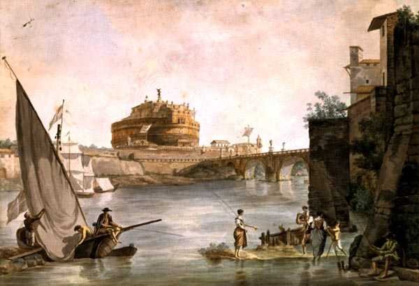 Hadrianus mausoleum i Castel St. Angelo i Rom (penna och akvarell på papper) av Giovanni and Ducros Abraham Volpato