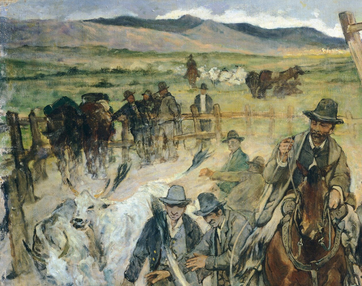Märkning av unga tjurar i Maremma, cirka 1887, av Giovanni Fattori (1825-1908), 86x172 cm, Detalj av Giovanni Fattori