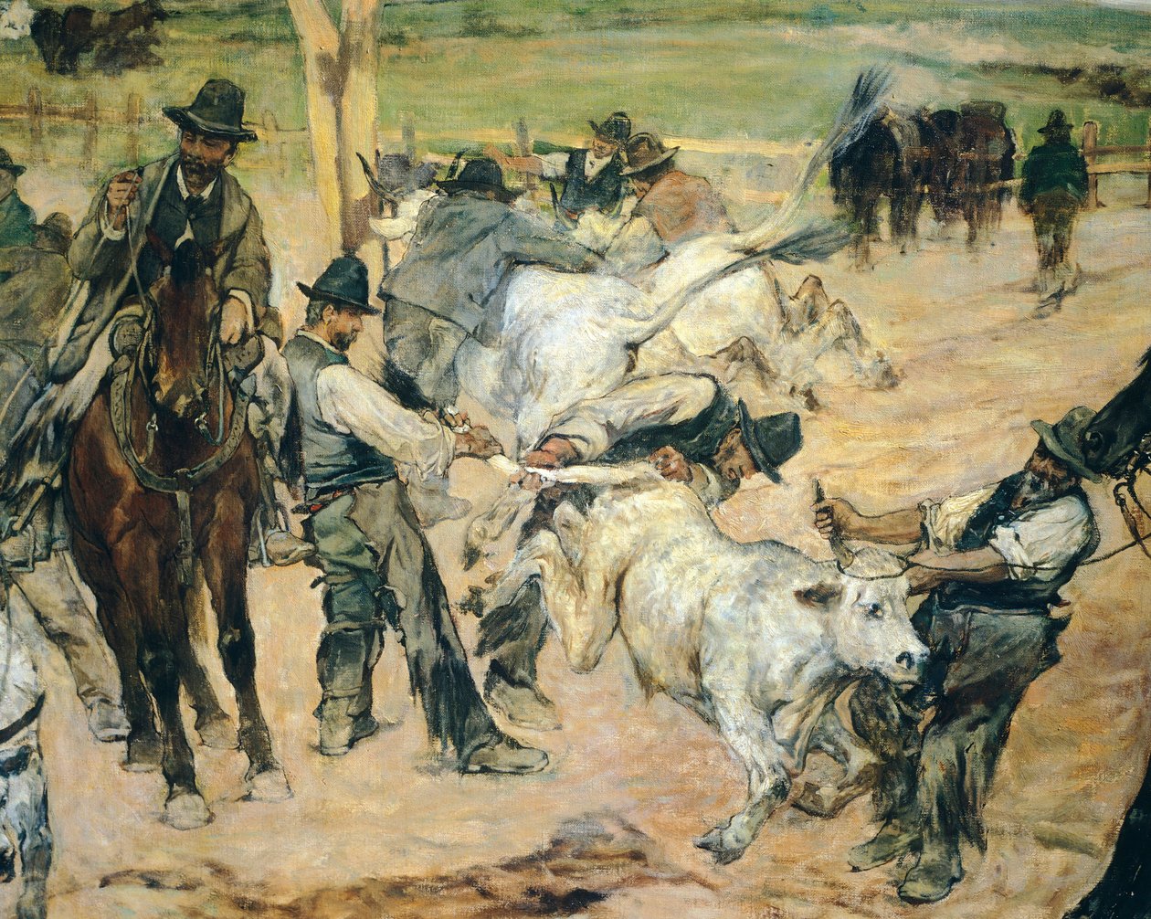 Märkning av unga tjurar i Maremma, cirka 1887, av Giovanni Fattori (1825-1908), 86x172 cm, Detalj av Giovanni Fattori