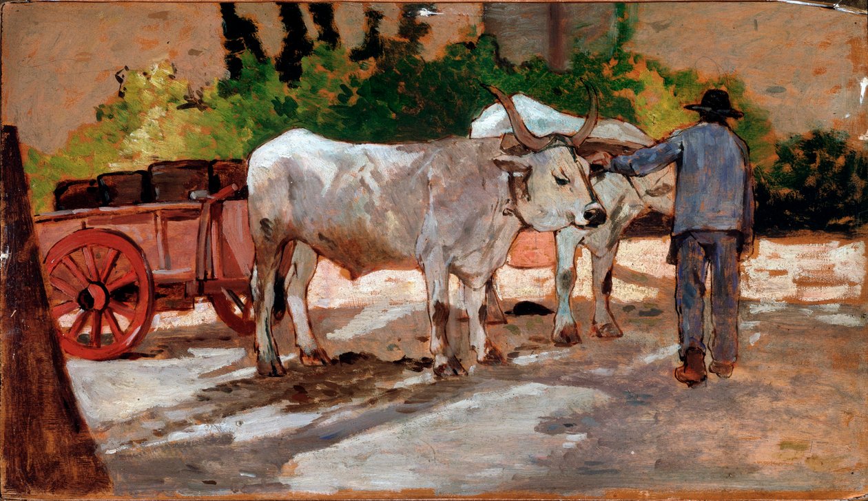 Vagn med tjurar och bonde - Målning av Giovanni Fattori