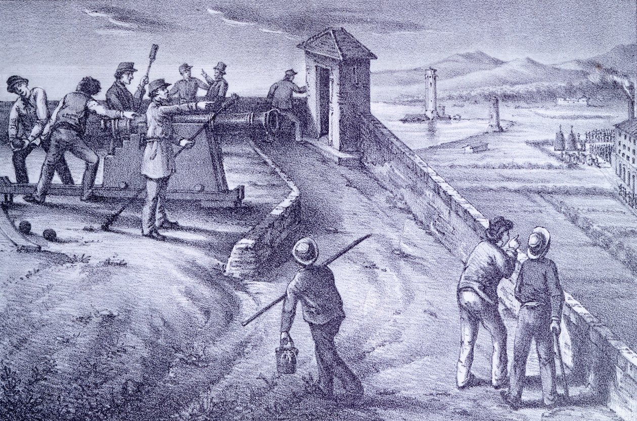 Livornos försvar från Fort San Pietro, av Giovanni Fattori (1825-1908), gravyr av Giovanni Fattori