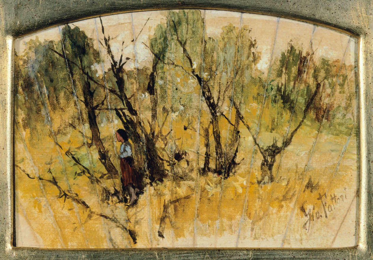Skog med en figur, studien av en fläkt, av Giovanni Fattori, olja på papper på duk av Giovanni Fattori