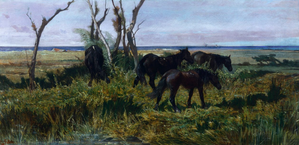 Hästar som betar, av Giovanni Fattori (1825-1908) av Giovanni Fattori