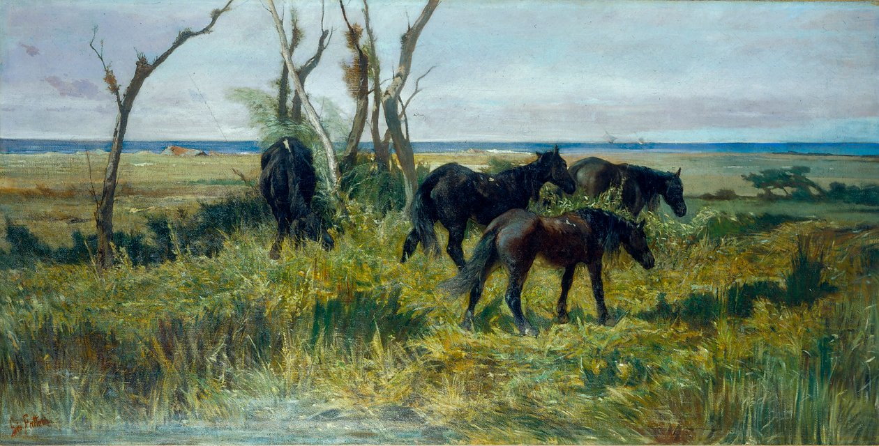 Betesmark i Maremma. Betande hästar, ca 1872 (olja på duk) av Giovanni Fattori