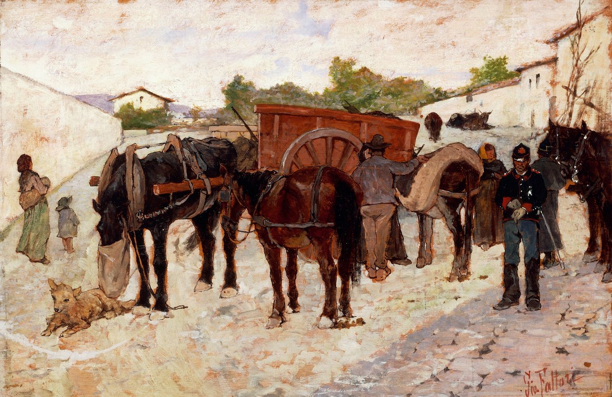 Stanna i Maremma eller scenen för livet på landet av Giovanni Fattori (1825-1908), olja på duk, 28x42 cm av Giovanni Fattori