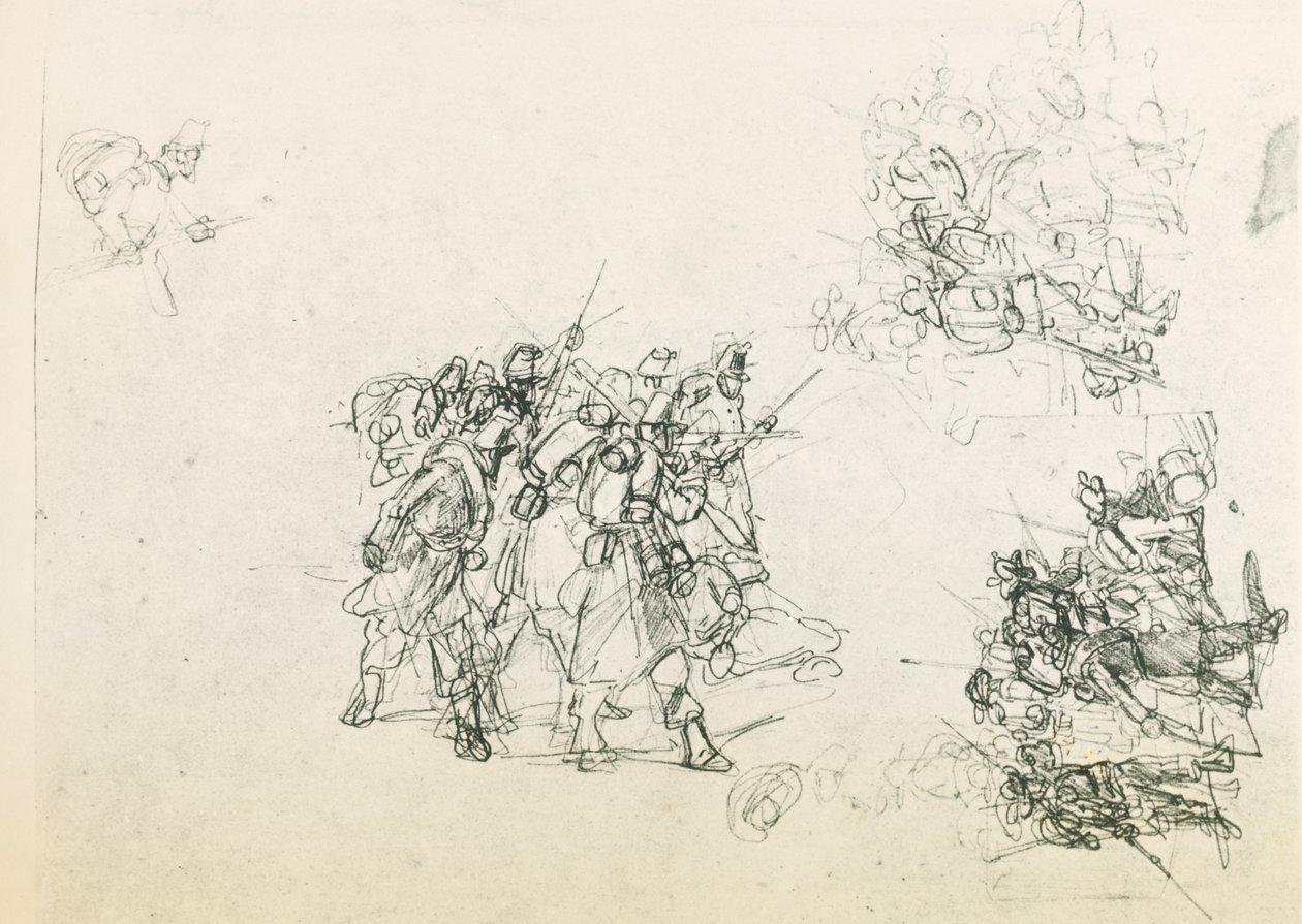 Tre skisser för grupper av soldater (svart penna) av Giovanni Fattori