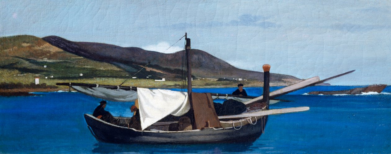 Spets av Romito med båt och fiskare, av Giovanni Fattori (1825-1908), olja på panel, 22,5x56,5 cm av Giovanni Fattori