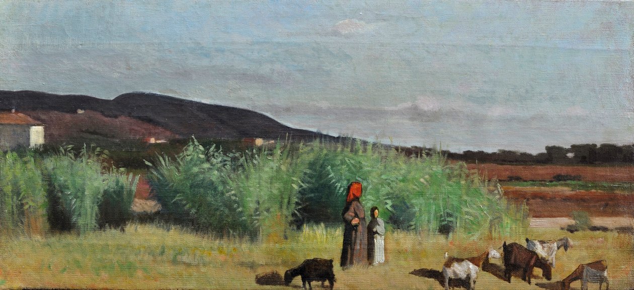 Två bondkvinnor med hjordar på landsbygden i Livorno, ca 1865 (olja på duk) av Giovanni Fattori