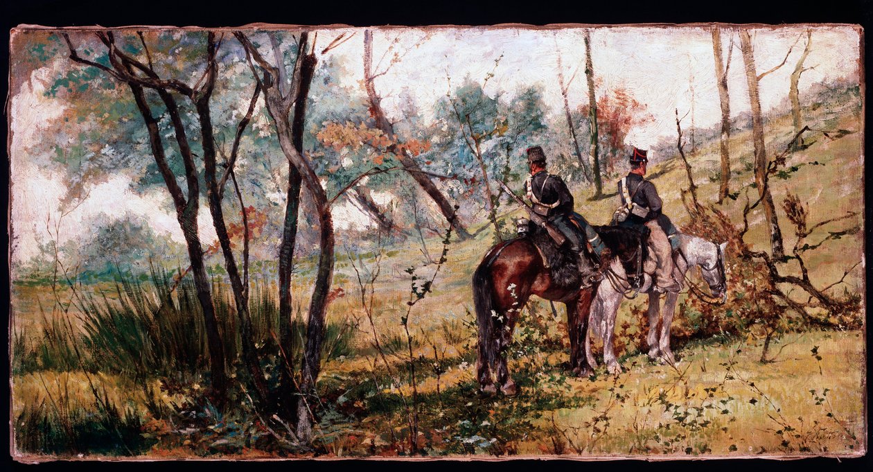 Två soldater som rider under träden (Två häst-legers) - Målning av Giovanni Fattori