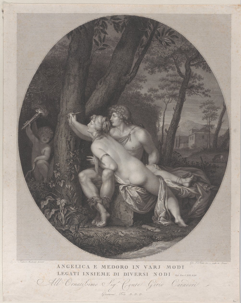 Angelica ligger över Medoros knä och skriver sina namn på en trädstam, 1784-1836. av Giovanni Folo