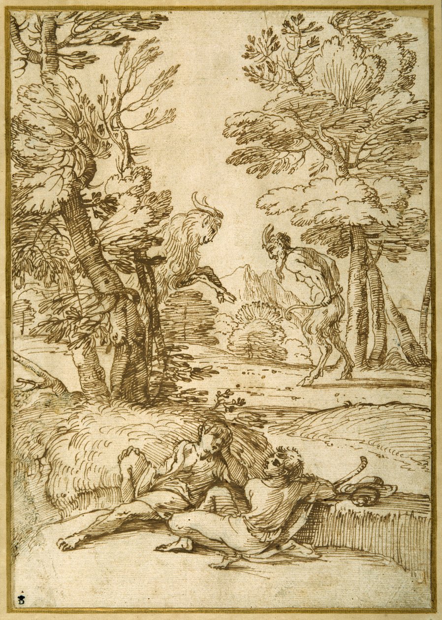 Ett landskap med två herdarpojkar som vilar, medan en satyr och en get dansar (penna och bläck på papper) av Giovanni Francesco Grimaldi