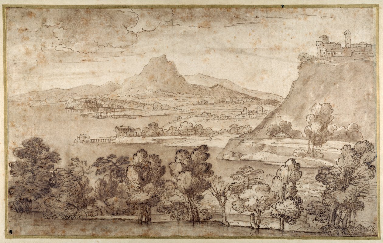 Landskap med en kullestad och ett mer avlägset berg (penna & brunt bläck med brun tvätt på vitt papper) av Giovanni Francesco Grimaldi