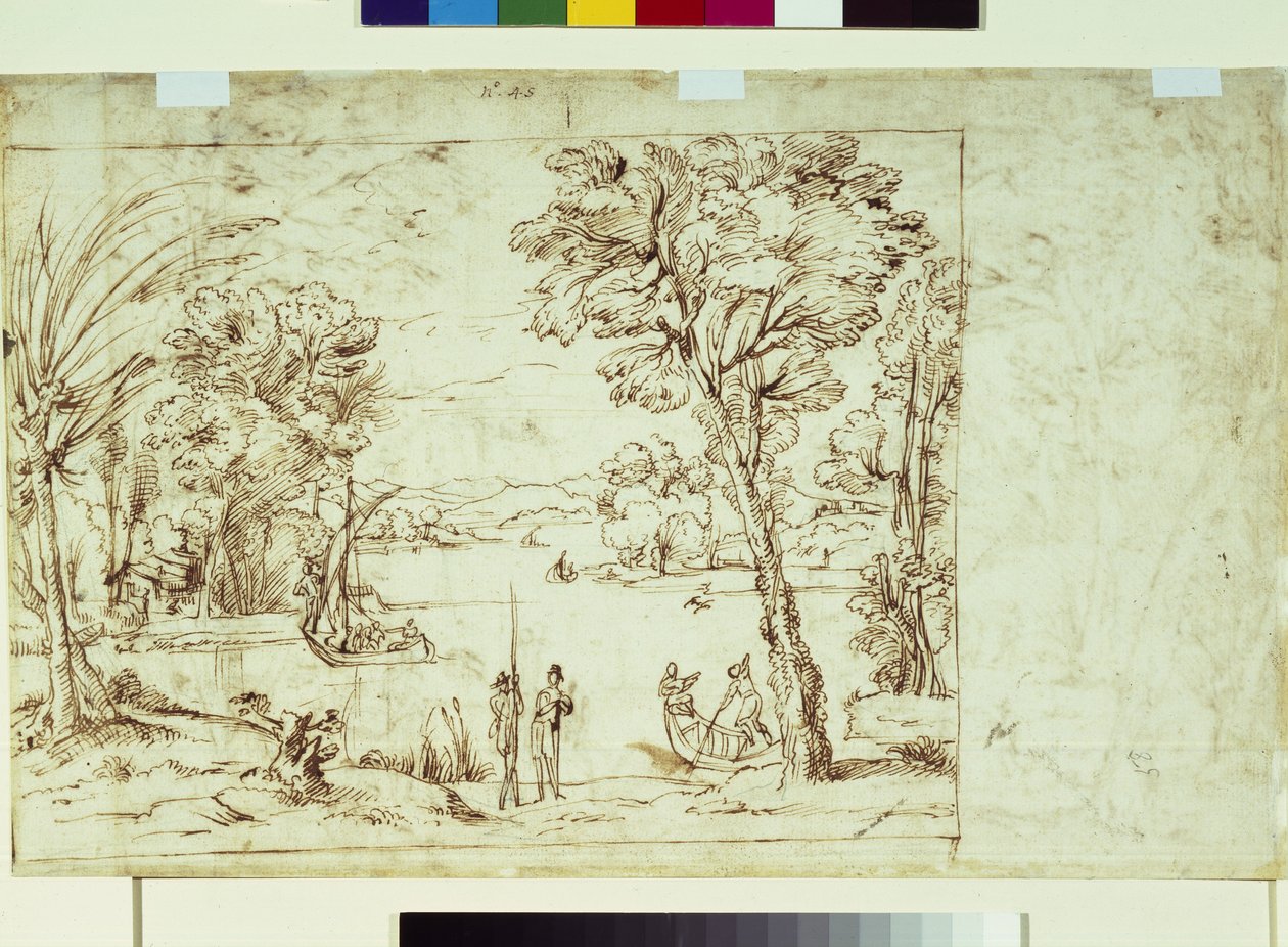 Landskap med figurer på en flodstrand (penna och bläck på papper) av Giovanni Francesco Grimaldi