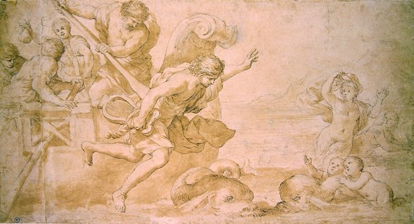 Arion och delfinerna (penna & brunt bläck och tvätt på papper) av Giovanni Francesco Romanelli