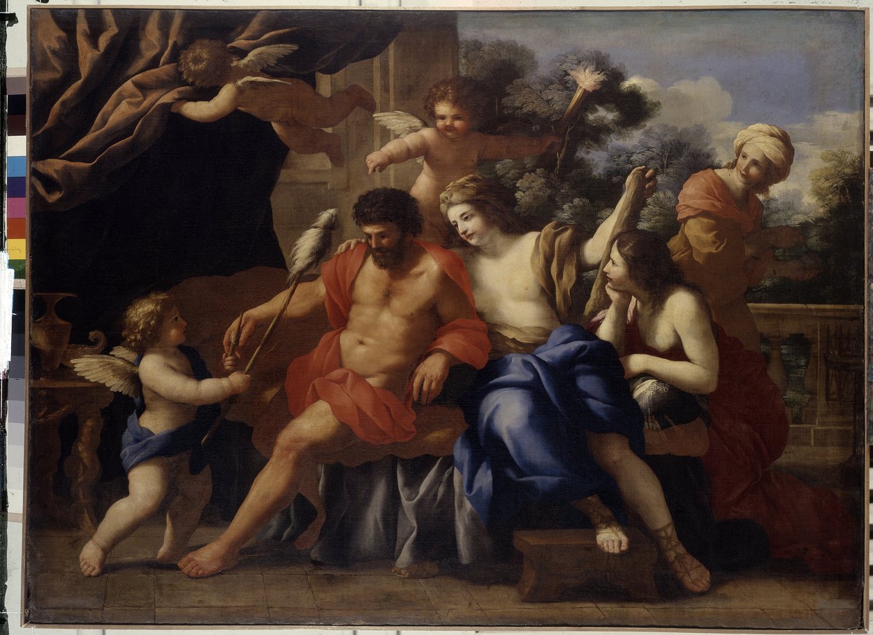 Hercules och Omphale (Hercules och Omphale). Målning av Giovanni Francesco Romanelli (1610-1662), olja på duk, cirka 1650. Italiensk konst av Giovanni Francesco Romanelli
