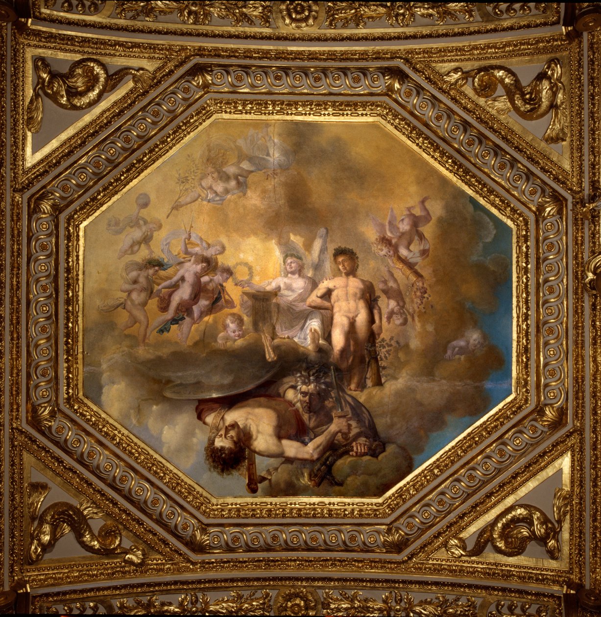Se att döda Meduse. Målning av Giovanni Romanelli (1601-1662) som dekorerar taket i Antonine Hall, sovrummet i sommarlägenheterna till drottning Anne av Österrike (1601-1666). Omkring 1655-1658. Paris, Louvren. av Giovanni Francesco Romanelli