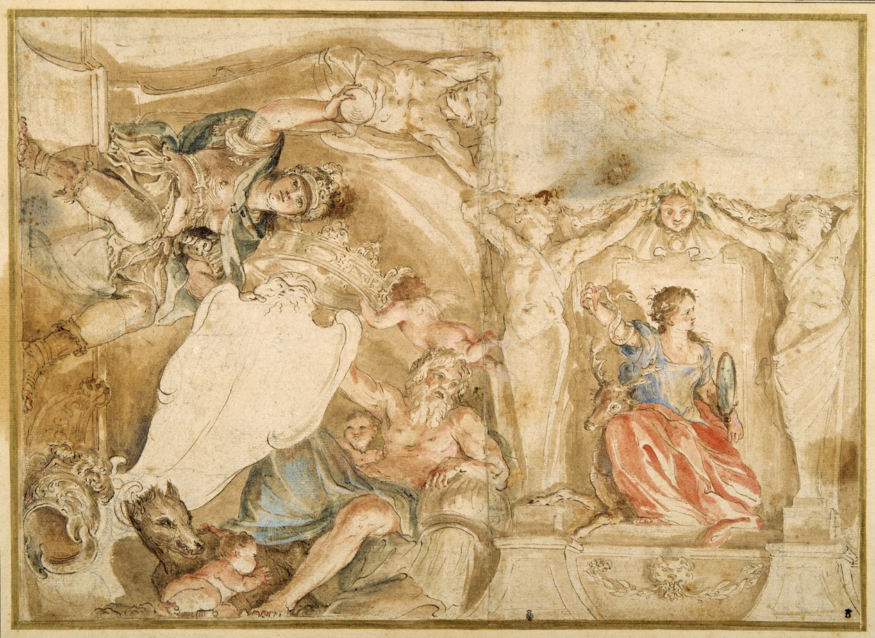 Allegorisk dekoration för ett hörn av ett tak (penna och bläck med tvätt, akvarell och gouache över krita på papper) av Giovanni Francesco Romanelli