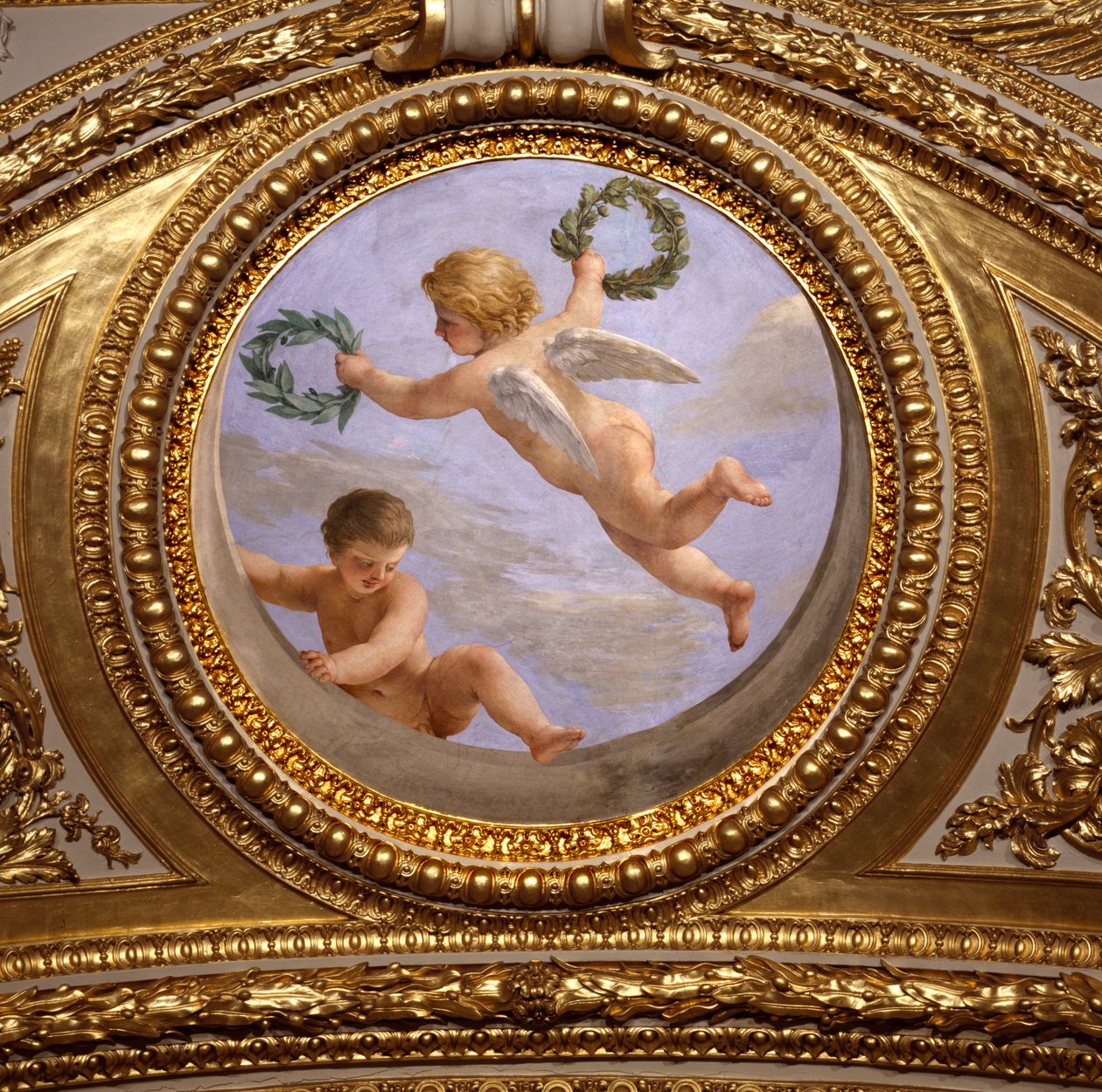 Kärlek till fred. Målning av Giovanni Romanelli (1601-1662) som dekorerar taket i Antonine Hall, sovrummet i sommarlägenheterna till drottning Anne av Österrike (1601-1666). Omkring 1655-1658. Paris, Louvren. av Giovanni Francesco Romanelli